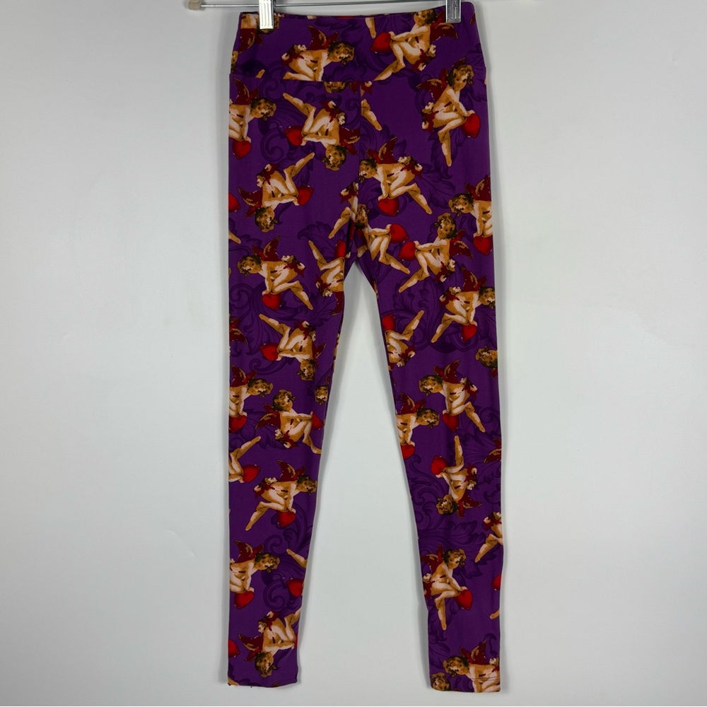 Lularoe Women's Leggings Valentines Cupid on Hearts Print Purple One Size